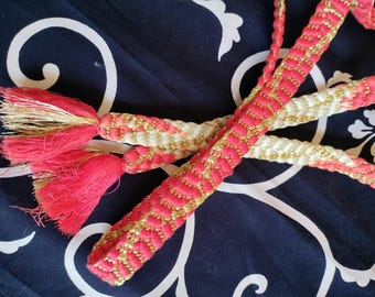 Vintage Japanese silk kumihimo obi-jime cord for wearing with kimono and obi flat type. Atomic tangerine (orange with pink overtones) gold.