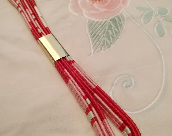 Vintage Japanese silk kumihimo obi-jime cord for obi flat dark and pale pink type. Handmade, wonderful.