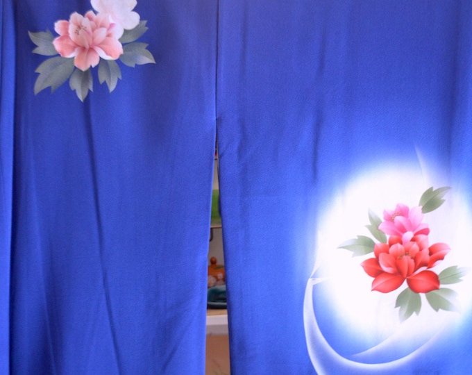 Vintage 1990's Japanese  handsewn kimono. Peonies in the moonlight with peacock on blue ground.