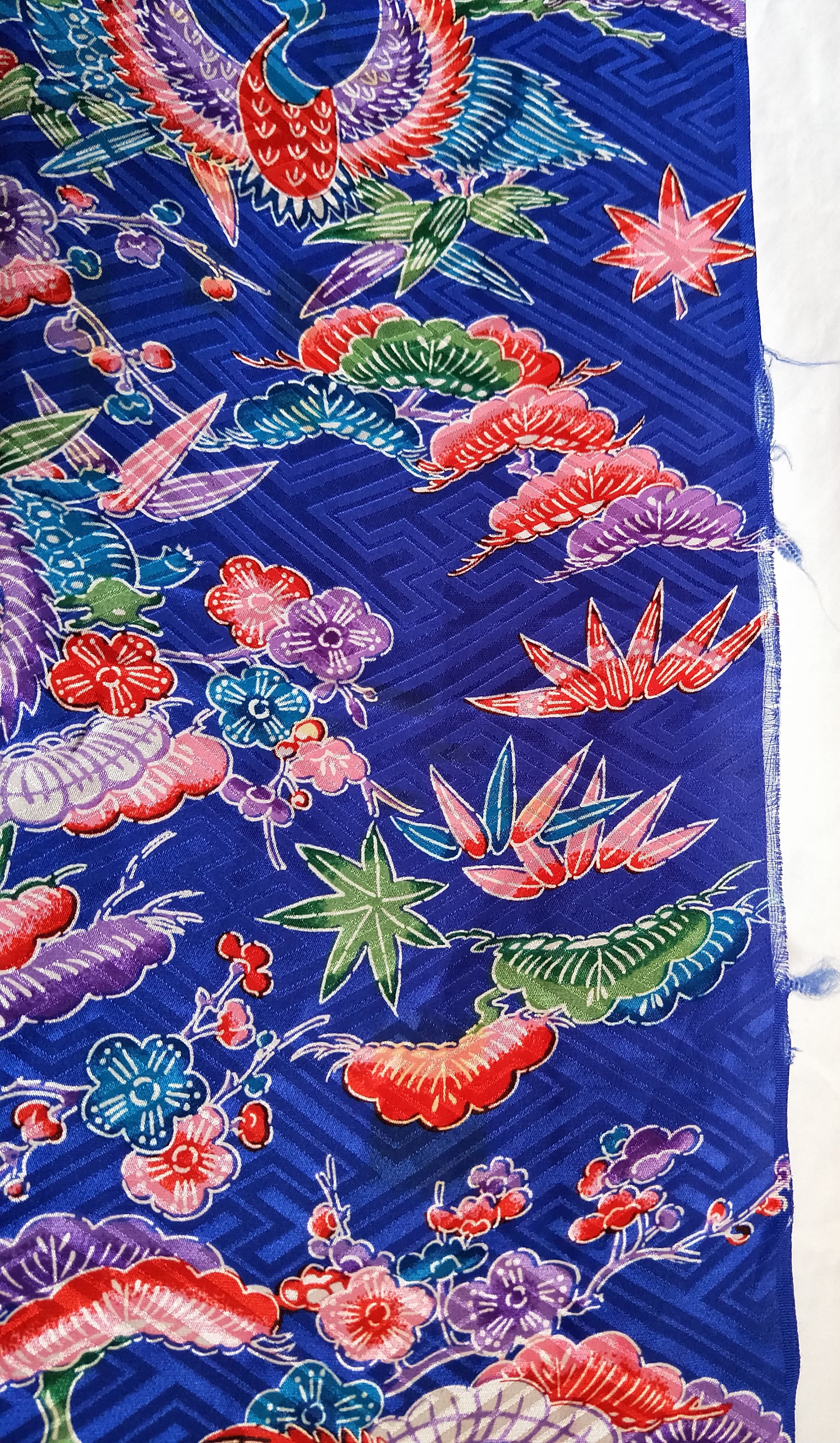 Vintage Japanese kimono fabric blue cranes, synthetic 100 cm x 35 cm