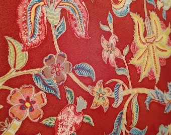 Vintage 1980's Japanese  handsewn silk kimono with sarasa traditional flowers bold floral pattern. Shades of vibrant red yellow and blue.