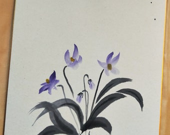 Vintage Hand painted Japanese shikishi  paintings Japanese  flowers, violets