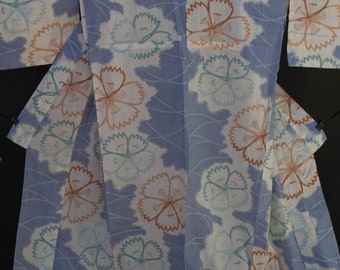 Vintage Japanese cotton yukata kimono pale blue with pattern of flowers nadeshiko floral pattern. Lightweight cotton