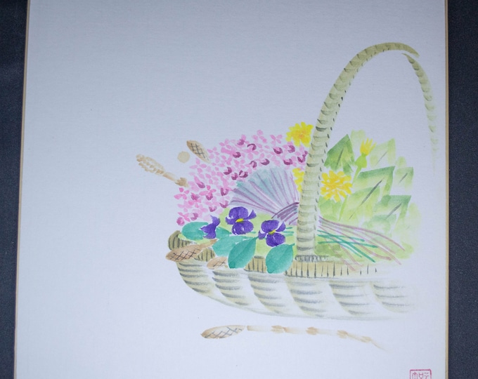 Vintage Hand painted Japanese shikishi paintings basket of flowers signed. Delicate and subtle