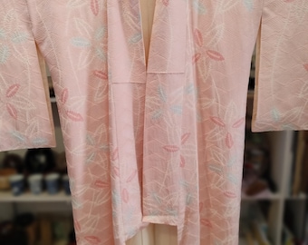 Vintage 1990's Japanese  handsewn silk kimono cool baby pink w/ Shibori leaves details in white & blue. Soft, feminine, subtle. Beautiful