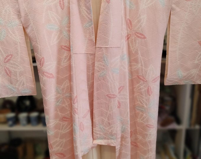 Vintage 1990's Japanese  handsewn silk kimono cool baby pink w/ Shibori leaves details in white & blue. Soft, feminine, subtle. Beautiful