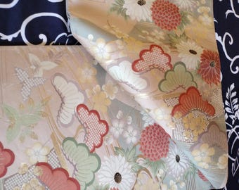 Dusky musk pink floral pine vintage Japanese Fukuro formal obi for kimono. celedon woven pattern. Charming feminine. Pine and kimono design.
