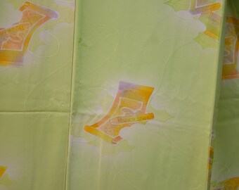 Vintage 1980's Japanese  handsewn kimono with pale yellow green with shikishi and kumihimo cord pattern soft silk.