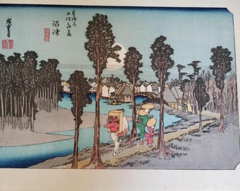 Hiroshige Utagawa 53 Stations of Tokaido, station #12 station Numazu Travelers with tengu mask. Vintage Japanese woodblock print.