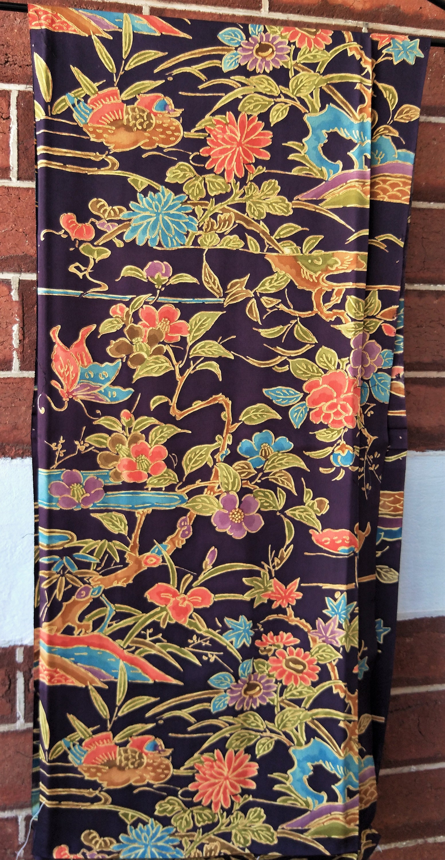 Vintage Japanese silk bingata stencil dyed kimono fabric 78 cm x 36 cm ...