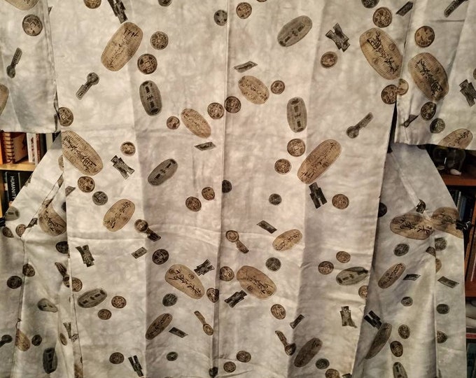 Vintage Japanese men's juban under kimono. Beige and grey, super soft synthetic fabric with pattern of antique Japanese coins and money.