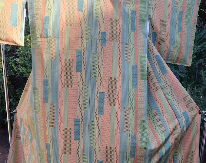 Vintage 1990's Japanese  handsewn kimono with shades of green with geometric patchwork pattern soft silk.