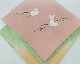 Vintage Japanese Cha no yu, fukasa silk cloth for Japanese matcha tea ceremony. Green ombre with pink silk with usagi rabbit detail.