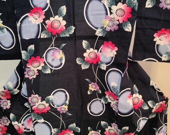 Vintage indigo blue Japanese cotton yukata kimono with subtle ombre flowers and geometric pond mirror pattern dyed not printed. Handmade.