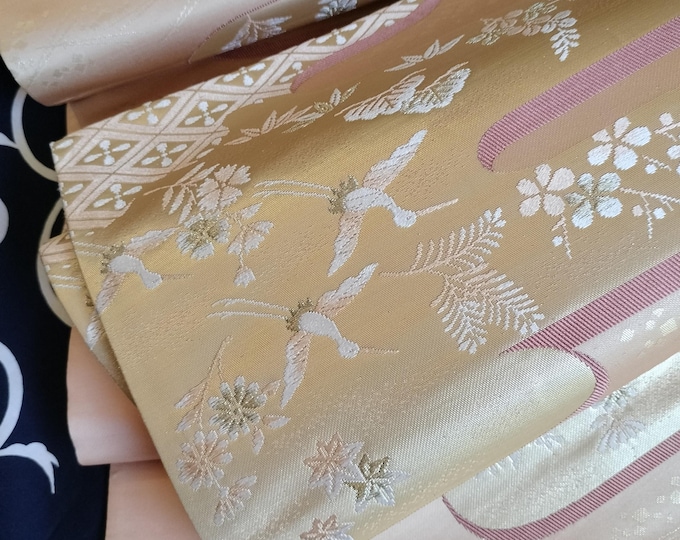 Pale salmon pink sophisticated vintage Japanese Fukuro formal obi for kimono. Gold pink woven pattern. Elegant and classic. Excellent cond.