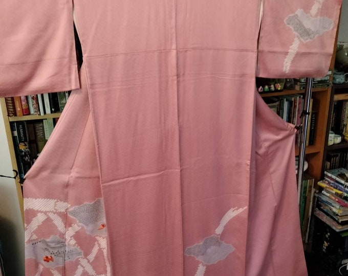 Vintage musk pink Japanese handsewn soft silk kimono with a pattern ume plum blossom and shibori, embroidered accents subtle  sophisticated