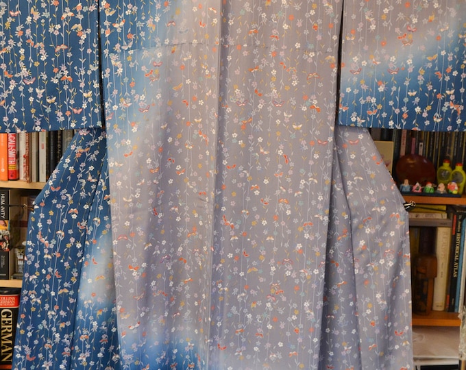 Vintage 1980's Japanese silk handsewn blue and grey komon kimono with butterfly pattern. In excellent condition.