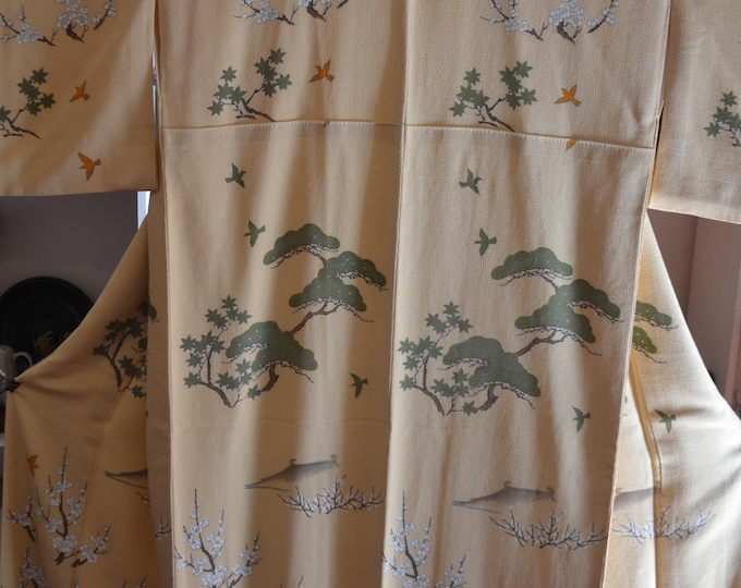 Vintage 1980's Japanese  handsewn kimono chirimen crepe cream silk with gold accents and dyed pattern of plum, pinetrees, pigeons and peony