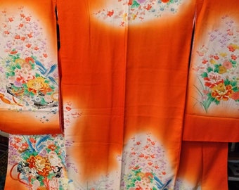 Vintage Japanese orange silk kids kimono w/ blue bird, treasure box and chrysanthemum flowers. Bold and vivid. Silk outer synthetic lining.