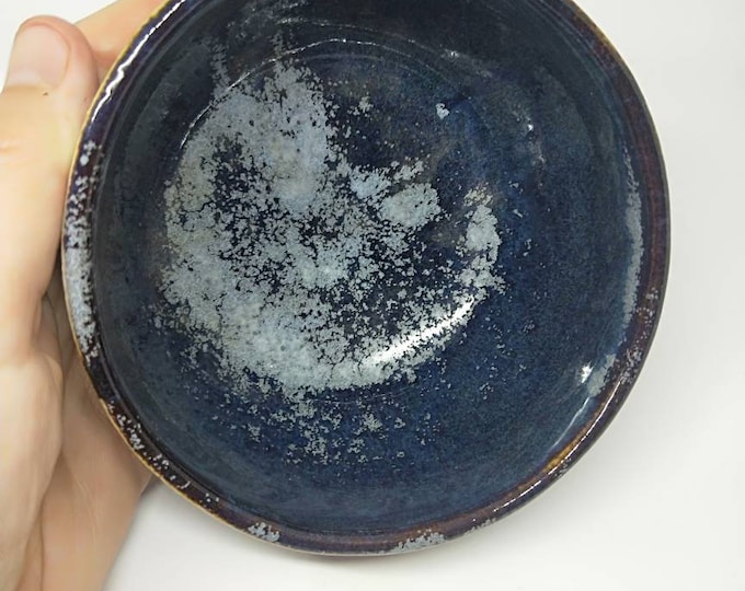 Vintage Japanese hand-made stoneware glazed tea bowl, chawan, "I dream of the ocean" blue glaze.  Cream stoneware body.