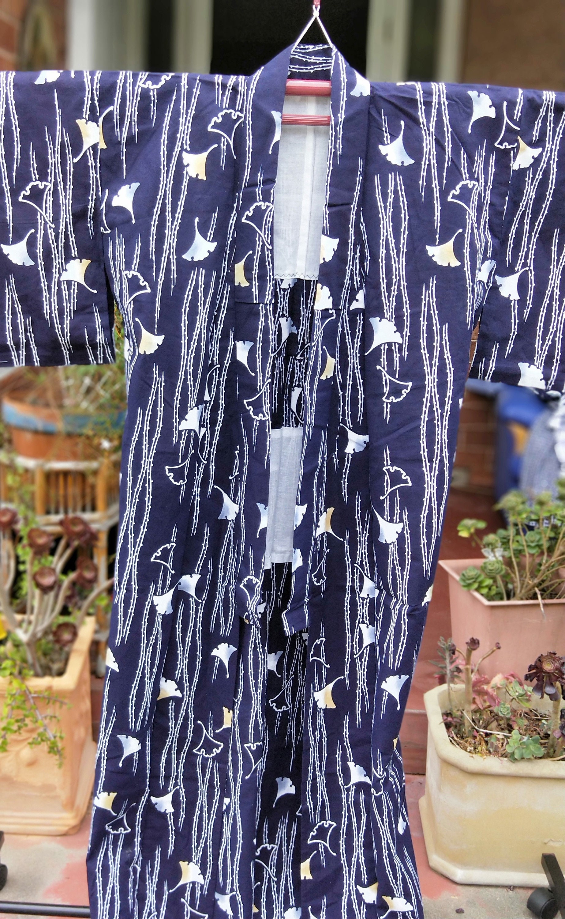 Vintage Japanese cotton yukata kimono indigo blue ginko leaves hand