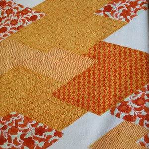 Vintage Japanese silk kimono fabric 92 cm x 36 cm orangel geometric pattern