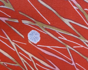 Vintage Japanese orange summer wool blend kimono fabric grass and flowers 92 cm x 36 cm / 36" x 14"