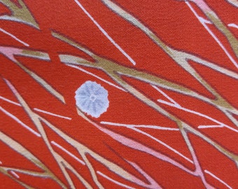 Vintage Japanese orange summer wool blend kimono fabric grass and flowers 92 cm x 36 cm / 36" x 14"