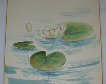Vintage Hand painted Japanese shikishi paintings waterlilies signed. Not mint