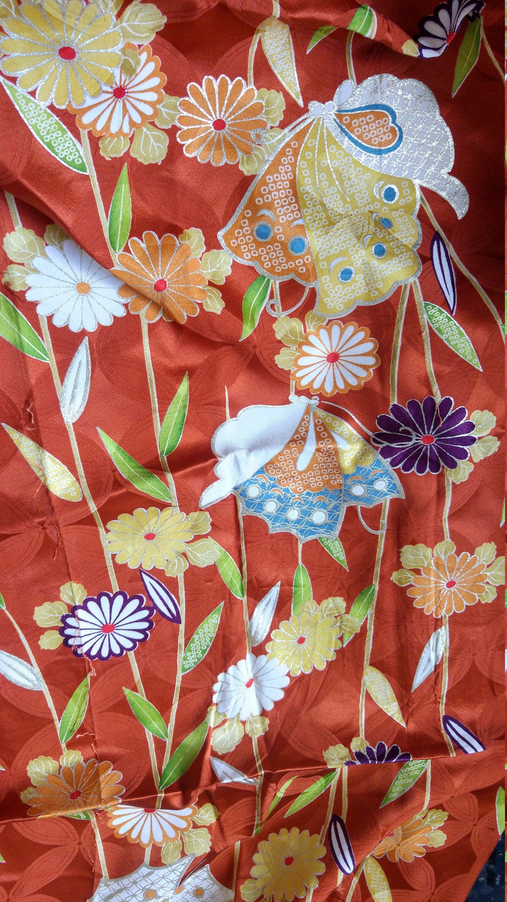 Vintage Japanese kimono rinzu silk fabric butterfly and flowers 170 cm ...