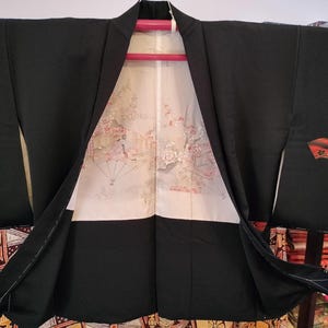 Vintage Japanese hand stitched silk  haori kimono jacket black with embroidery gorgeous colourful lining. Decorative traditional patterns
