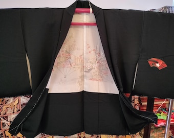 Vintage Japanese hand stitched silk  haori kimono jacket black with embroidery gorgeous colourful lining. Decorative traditional patterns