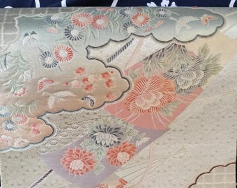 Silver & pink floral clouds vintage Japanese Fukuro formal obi for kimono. Woven pattern of birds, butterflies and flowers. Steel blue pink