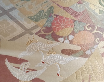 Vintage Japanese Fukuro cream and gold with woven fan and crane pattern.  Oppulant and elegant with traditional design elements.