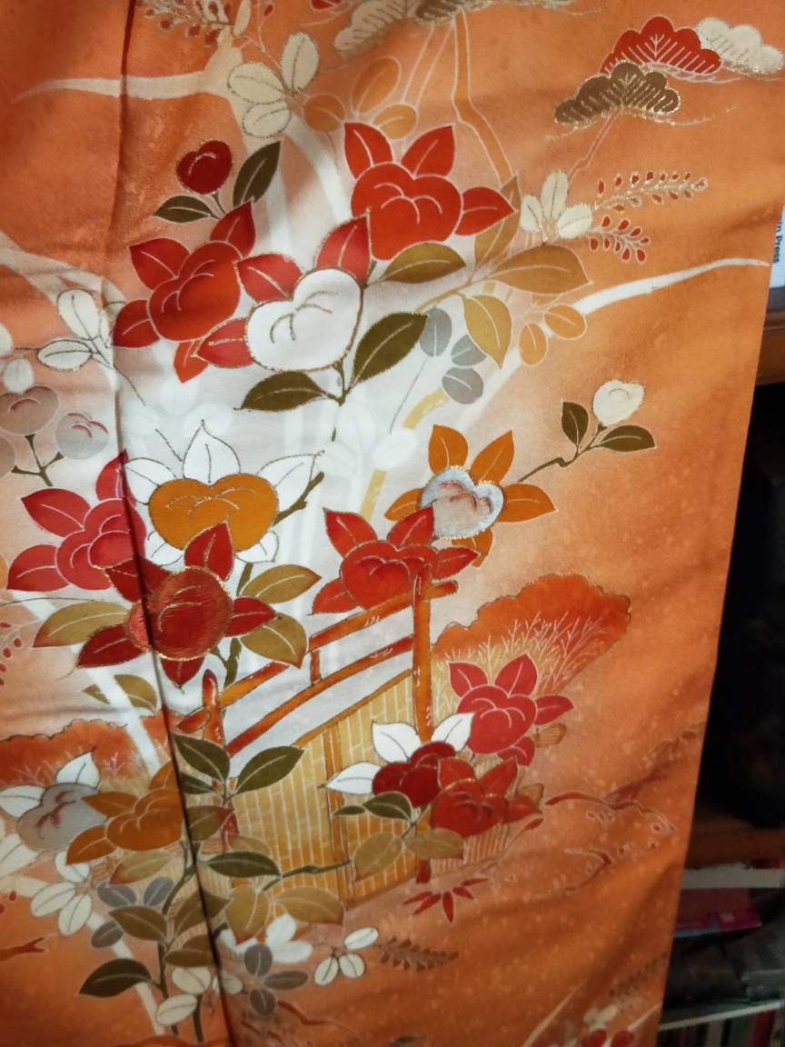 Vintage Japanese silk hand stitched kimono with hand painted persimmon ...