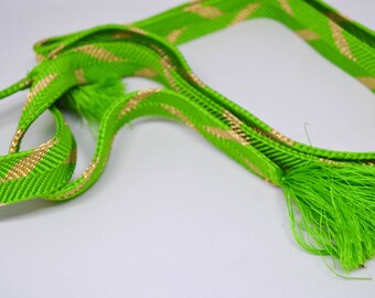 Vintage Japanese silk kumihimo obi-jime cord for obi green and gold, flat type. Handmade handwoven, wonderful.