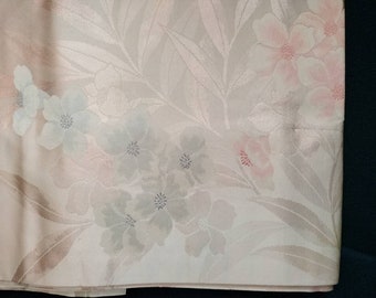 Beautiful vintage Japanese silk Nagoya obi, with flowers woven pattern pale pink/ pastel blue and metallic threads.