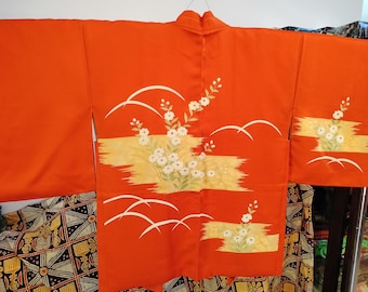 Vintage Japanese hand stitched silk  haori kimono jacket orange hand painted yuzen floral design. Textured chrysanthemum lining. Cerise himo
