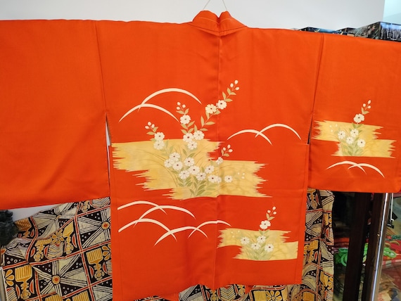 Vintage Japanese Hand Stitched Silk Haori Kimono Jacket Orange