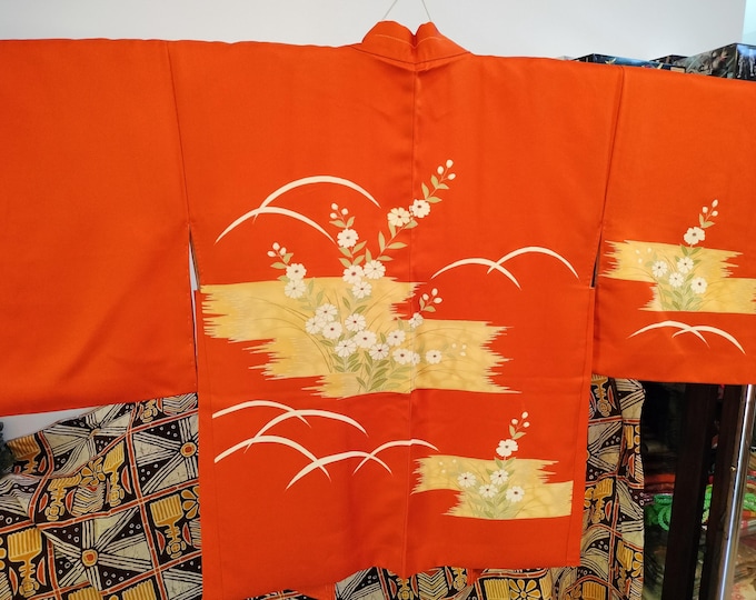 Vintage Japanese hand stitched silk  haori kimono jacket orange hand painted yuzen floral design. Textured chrysanthemum lining. Cerise himo