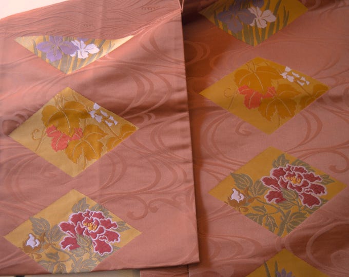 Vintage Japanese Fukuro obi brown with flowers and flowing water woven design. Floral design in subtle  elegant..