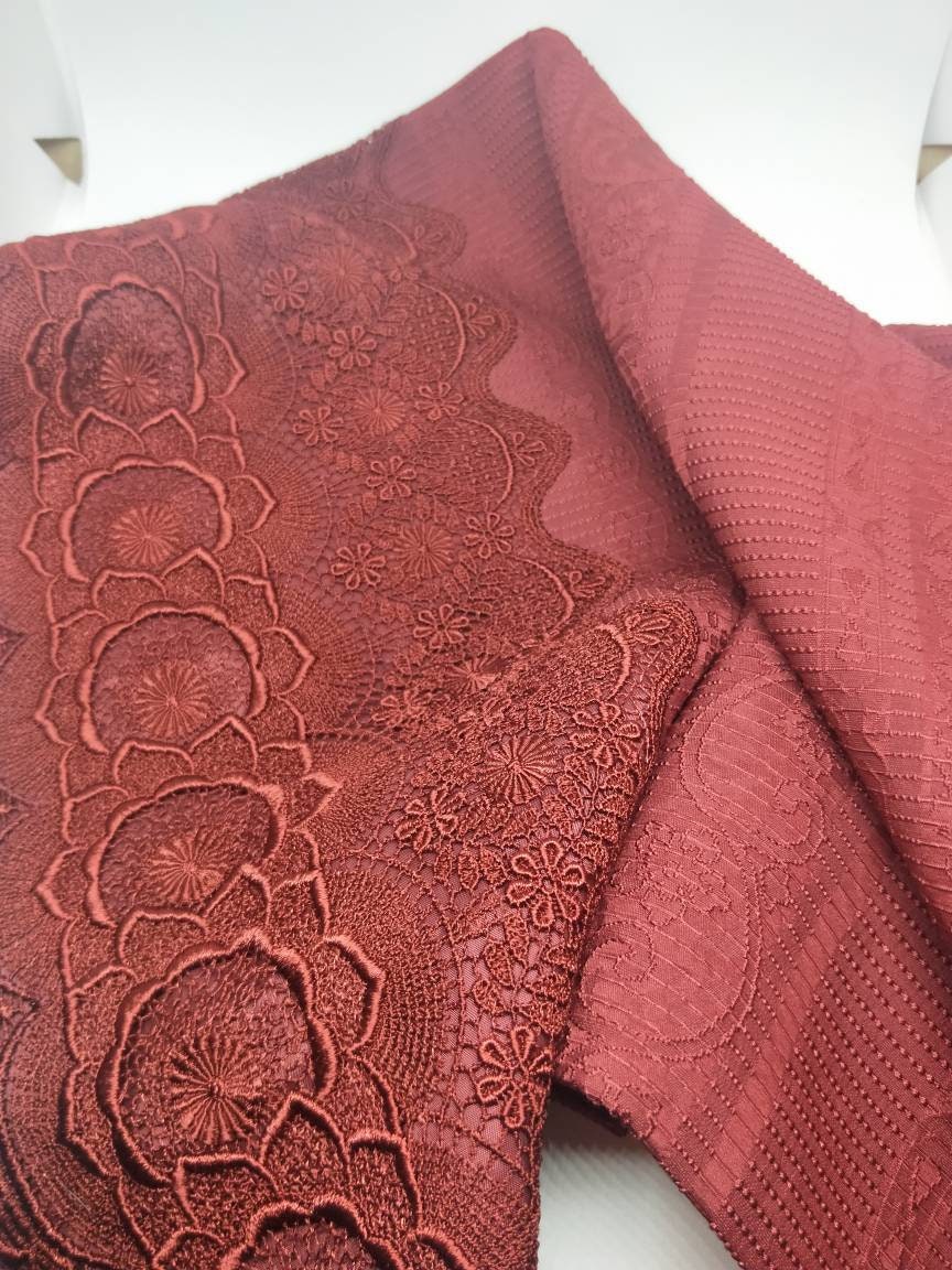 Vintage Japanese shawl for kimono. Wine red fabric with textured weave ...