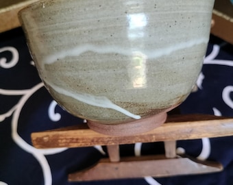 Vintage Japanese hand-made tea bowl. Brown stoneware, with Grey green glaze with drip pattern. Wan-nari shaped chawan. Signed by Artist.