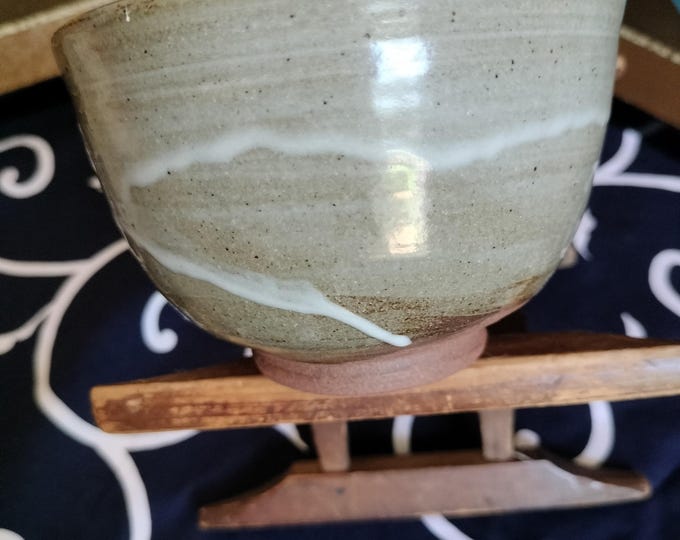 Vintage Japanese hand-made tea bowl. Brown stoneware, with Grey green glaze with drip pattern. Wan-nari shaped chawan. Signed by Artist.