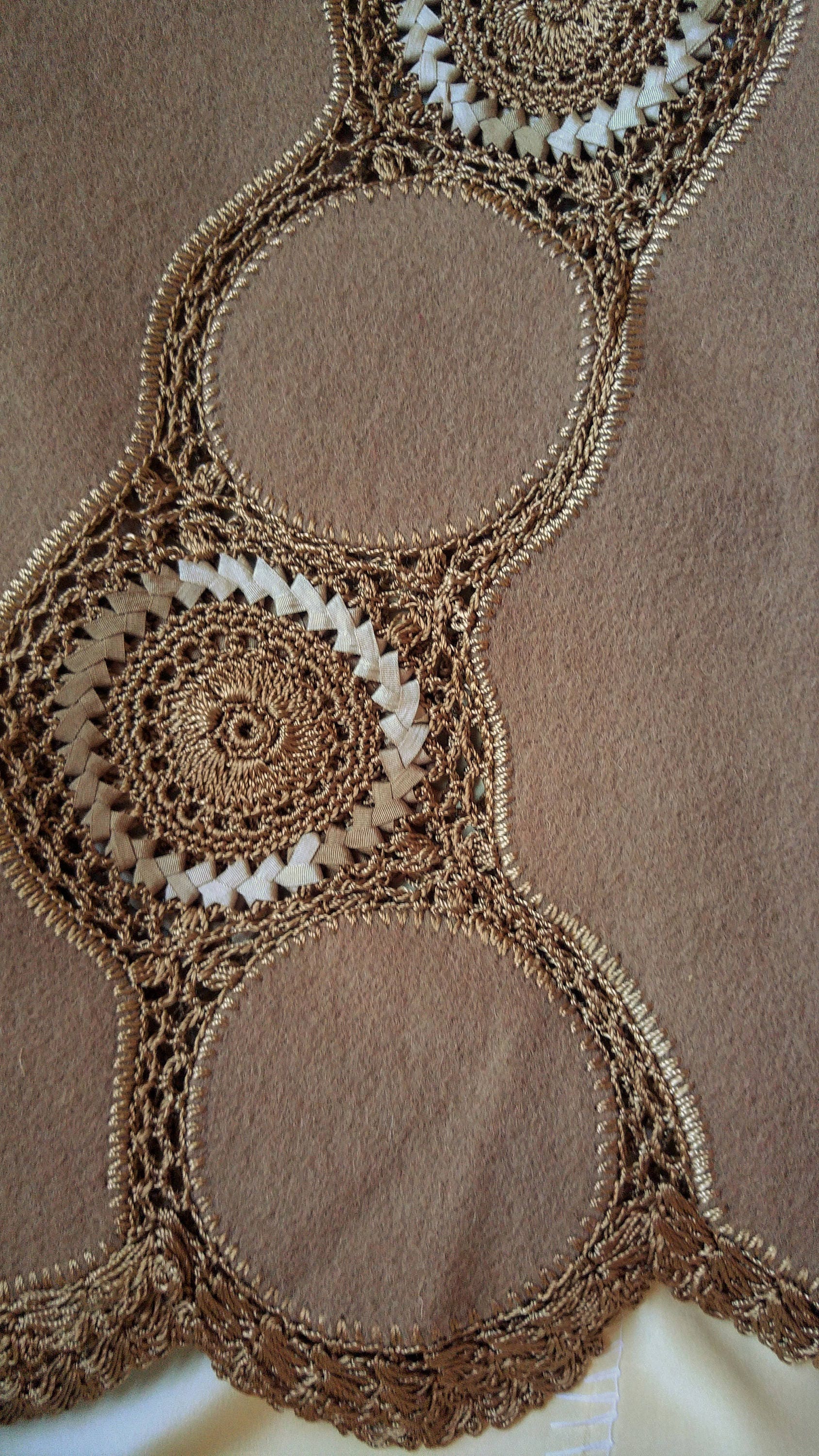 Vintage Japanese crochet and wool shawl for kimono soft brown tan with ribbon work.