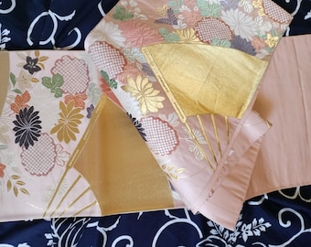 Soft pink floral vintage Japanese Fukuro formal obi for kimono. Gold pink woven pattern. Charming and feminine. Fans and flowers.