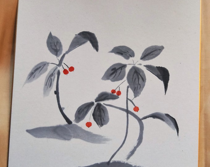 Vintage Hand painted Japanese shikishi  paintings Japanese forest berries in grey and red