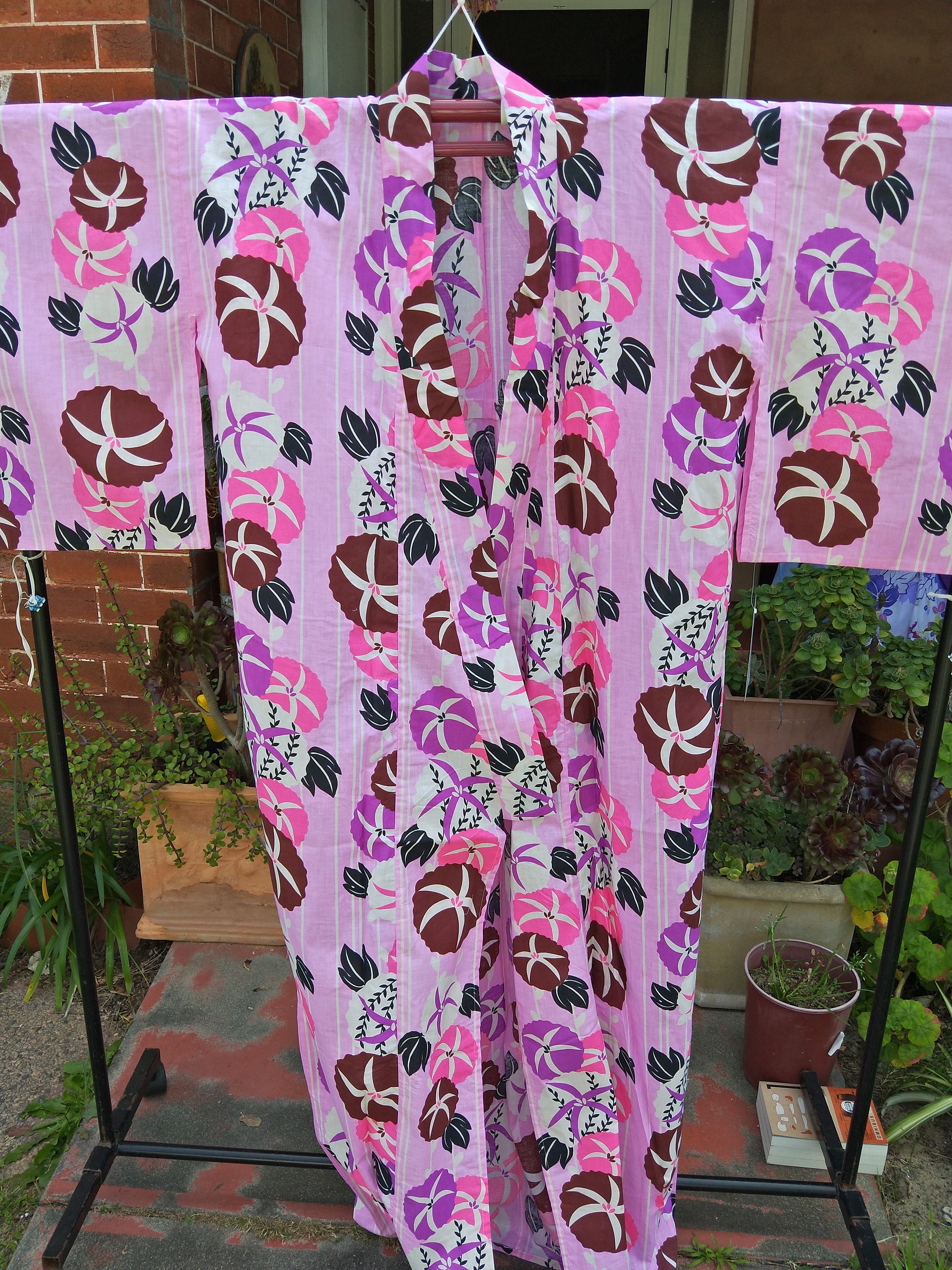 New Japanese Cotton Yukata Kimono Asagao Morning Glory Flowers Bright Pink 100 Cotton