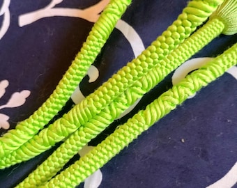 Vintage Japanese handwoven silk kumihimo obijime cord for wearing obi with kimono. Colours are a vivid lime green, round type. Light wear.