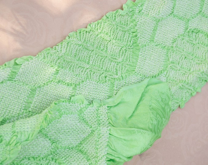 Vintage Japanese rinzu silk kimono obi-age cool pale green coloured silk 130cm long. Woven sayagata design. Shibori geometrics